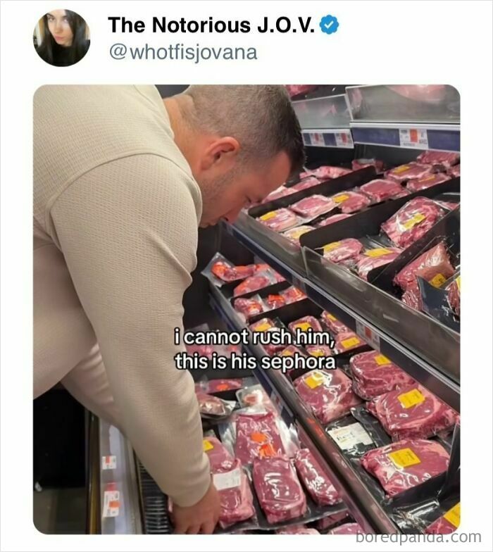 Man closely examining packaged meat at grocery store with caption about snack cravings in food memes context