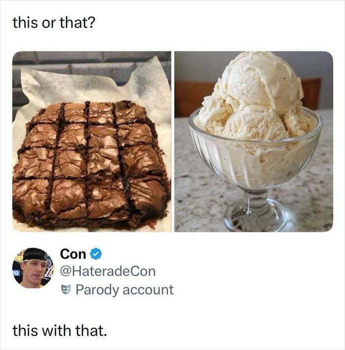 Brownies on parchment paper and vanilla ice cream scoops in a glass bowl, food memes capturing snack cravings.
