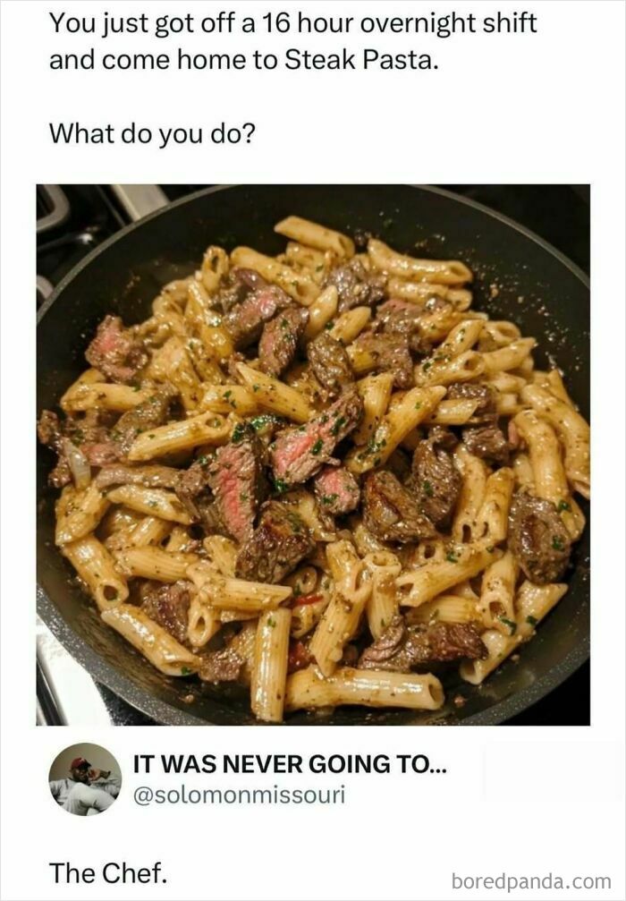 Steak pasta in a pan with seasoned steak pieces and penne, capturing food cravings and snack cravings humor.