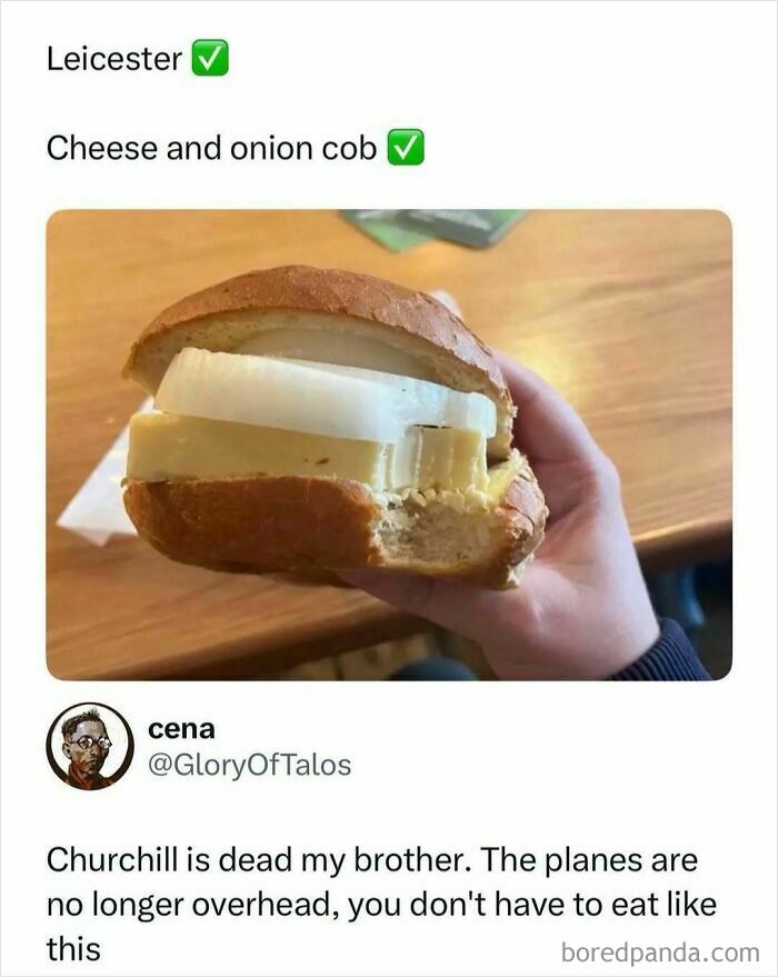 Hand holding a cheese and onion cob sandwich with a large onion slice, capturing snack cravings humor.