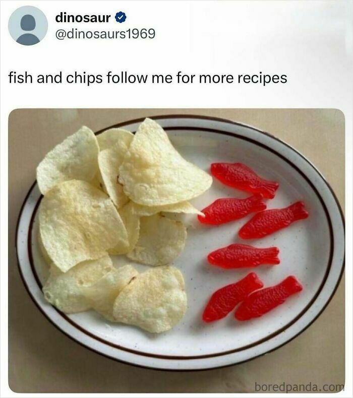 Plate with potato chips and red gummy fish candy humorously representing snack cravings in food memes.