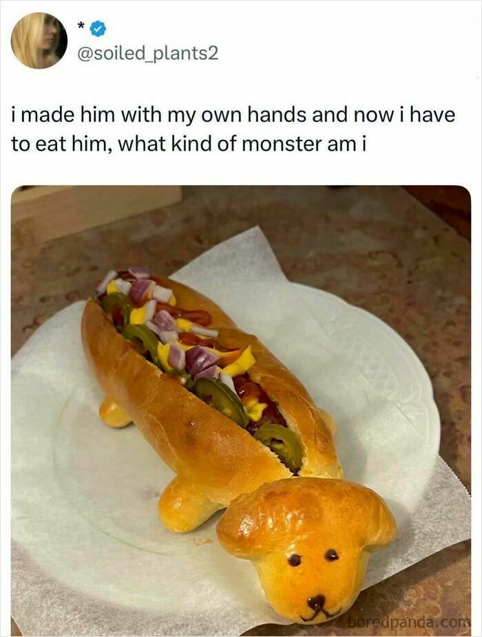 Hot dog shaped like a dog with toppings, combining food and snack cravings in a humorous food meme.