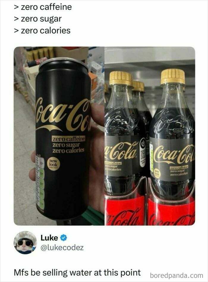 Coca-Cola zero caffeine, sugar, and calories cans and bottles in a grocery store capturing snack cravings humor.