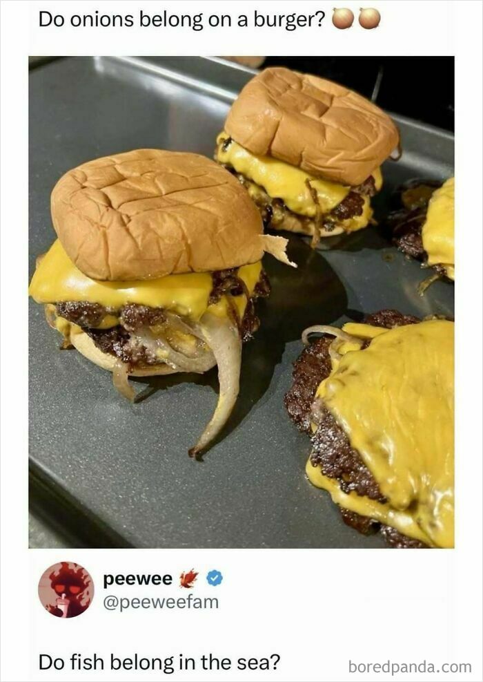 Cheeseburgers with onions on a baking tray, humorously questioning if onions belong on a burger in food memes.