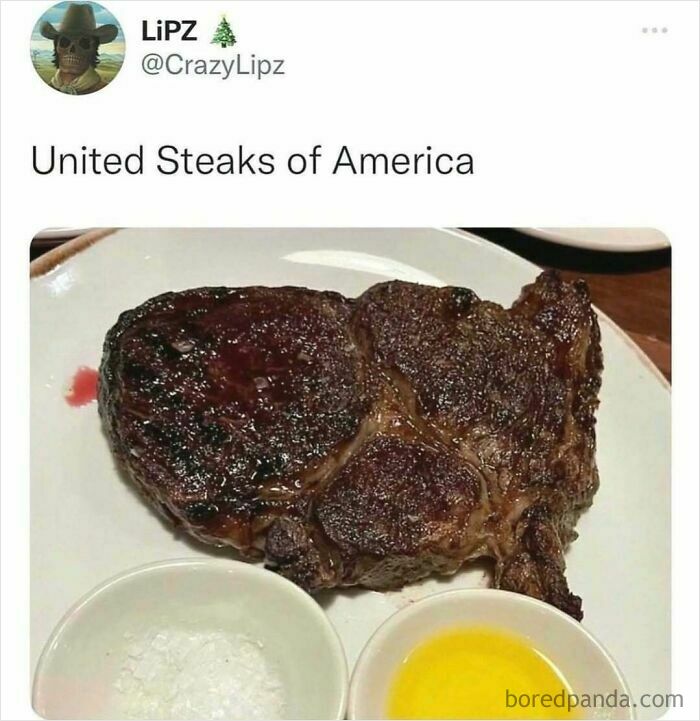 Grilled steak shaped like the United States on a plate with dipping sauces, showcasing food memes and snack cravings.