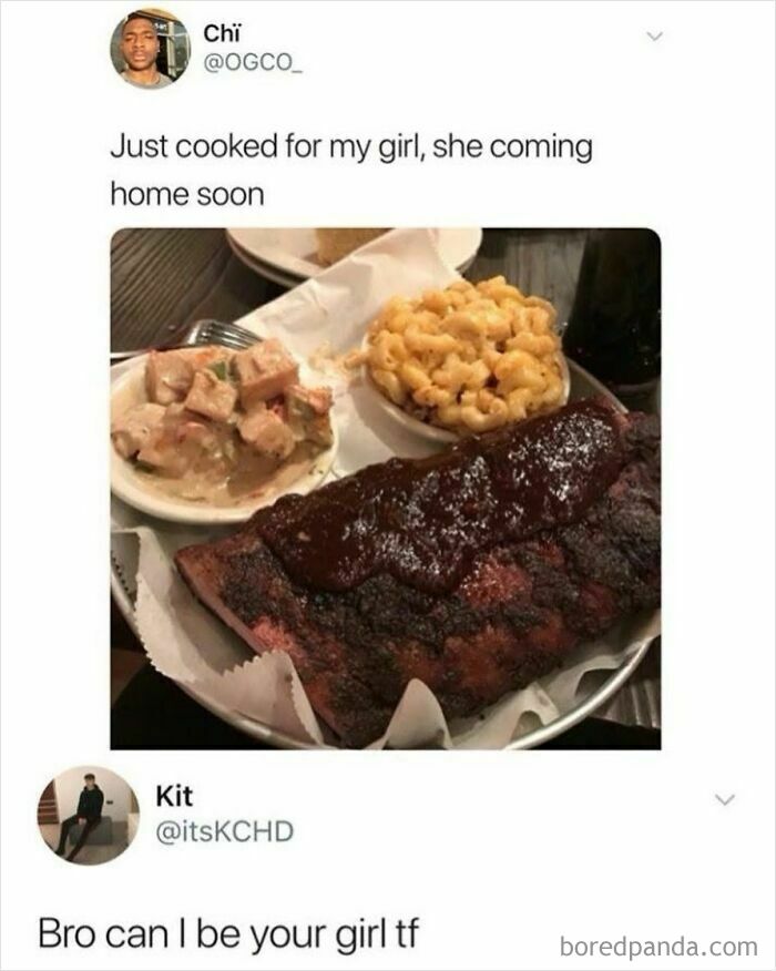 Food meme showing a plate with BBQ ribs, mac and cheese, and potato salad capturing snack cravings humor humorously.