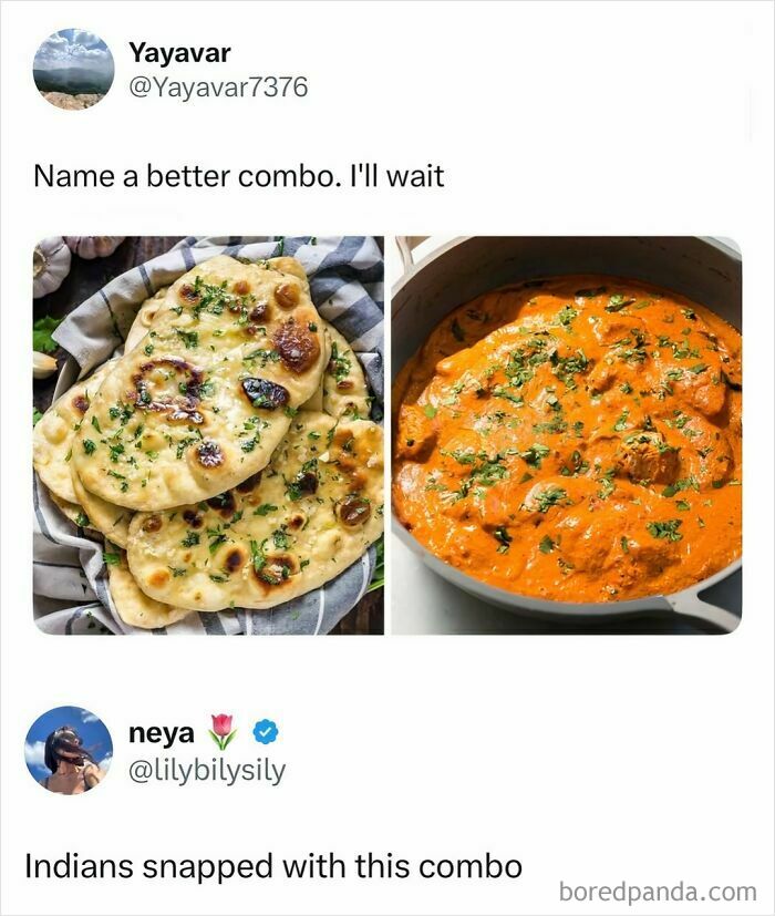 Food memes showing naan bread and curry as a perfect snack cravings combo enjoyed by many.