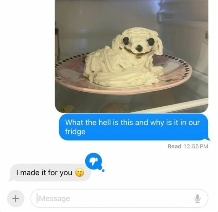 Whipped cream shaped like a dog on a plate in a fridge, paired with a humorous text about snack cravings.