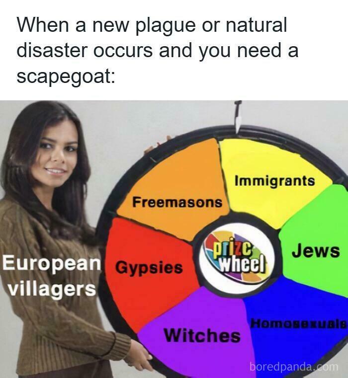 A woman holding a prize wheel with categories for historical scapegoats, a history meme about humor.
