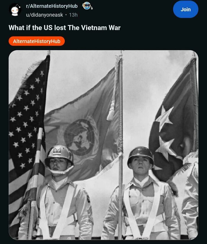 Reddit post asking what if the US lost the Vietnam War, showing an example of Americans confidently posted errors.
