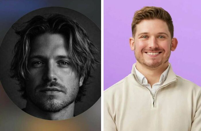 A split image of two men, one on social media with a dramatic black and white filter and the other looking more natural.