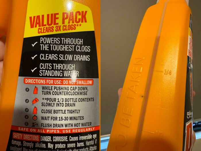 Drain cleaner bottle with unclear measurement markings, an example of terrible product designs causing user confusion.
