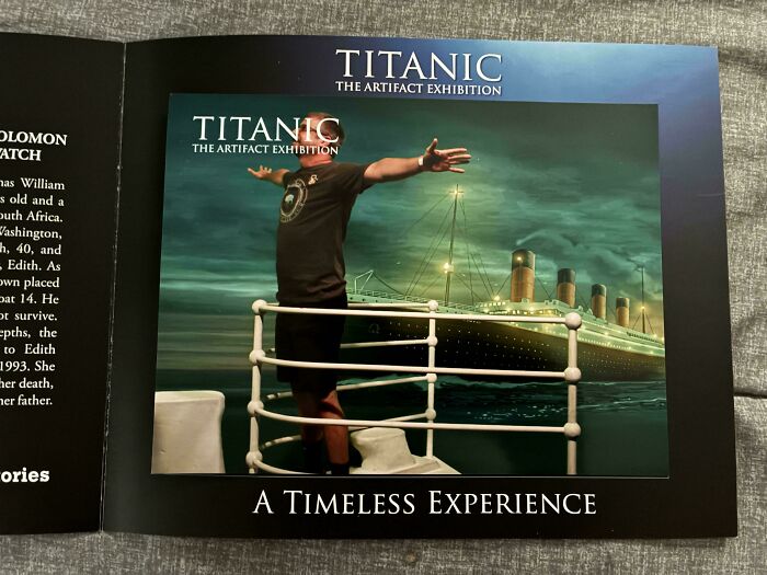 Man posing in a Titanic artifact exhibition photo with ship background, showcasing terrible product design flaws.