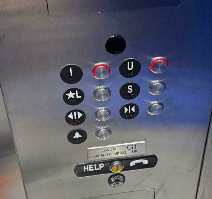Elevator control panel with confusing button labels showing a terrible product design example from poorly made controls.