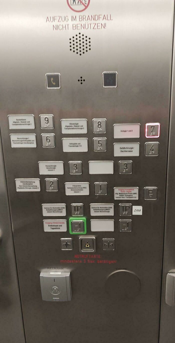 Elevator control panel with confusing button layout and unclear labeling, example of terrible product designs.