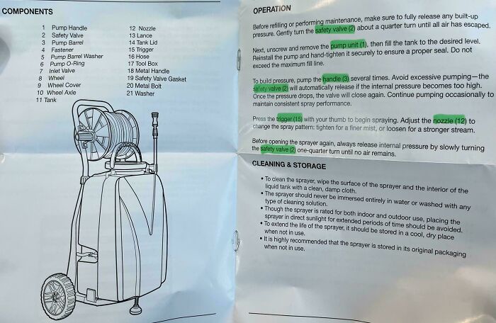 Diagram of a sprayer with components and operation instructions highlighting product design flaws.