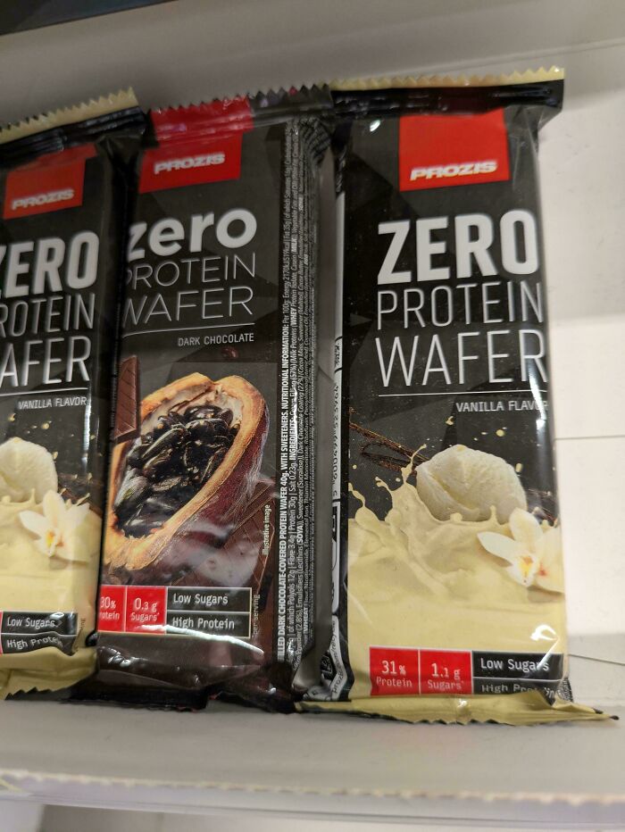 Protein wafer packages with confusing labeling and similar designs causing a terrible product design issue on the shelf.