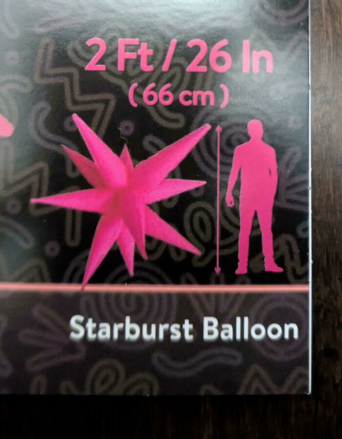 Starburst Balloon product design showing a pink spiky balloon and human size comparison in centimeters and feet.