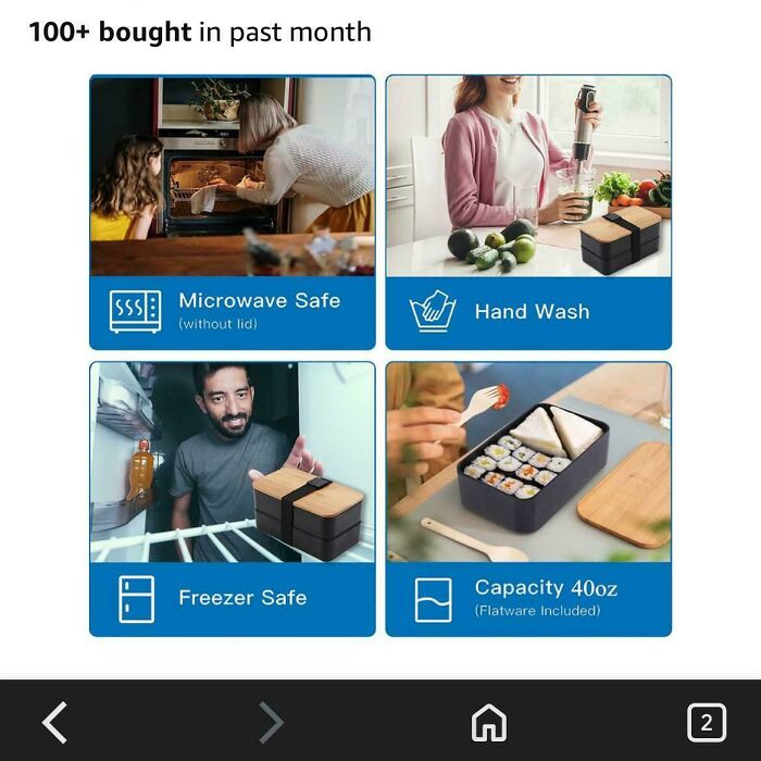 Bento box product being microwaved, hand washed, freezer safe with 40oz capacity and included flatware.