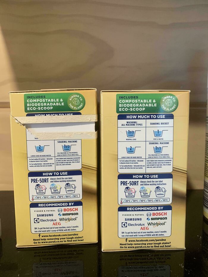 Two boxes showing terrible product designs with confusing packaging and unclear usage instructions for eco-friendly laundry detergent.