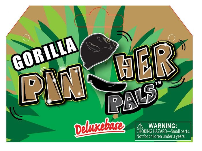 Packaging for Gorilla Pin Her Pals toy with warning label, illustrating one of the terrible product designs.