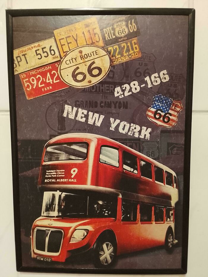 Vintage double-decker bus illustration with Route 66 signs and various license plates in a framed poster design.