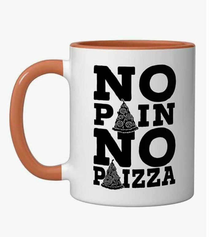 Mug with confusing text design featuring pizza slices, an example of terrible product designs and poor creativity.