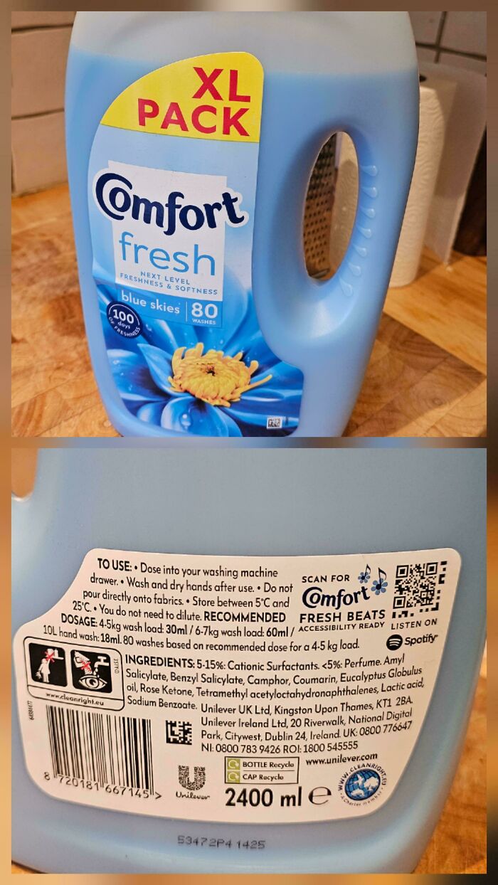 Laundry detergent bottle with confusing dosage instructions and unclear design, highlighting terrible product designs.