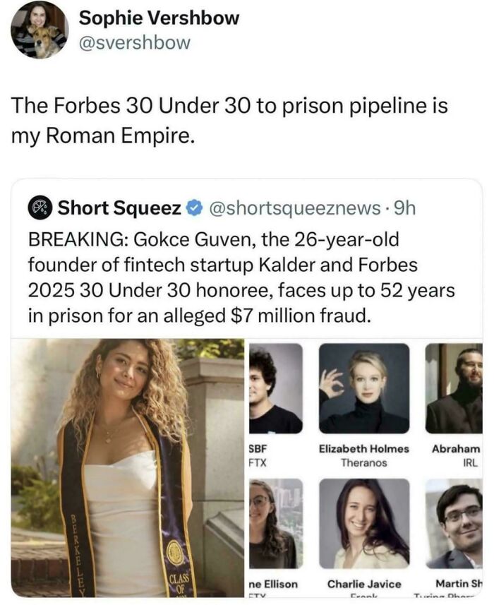 A tweet about Forbes 30 Under 30 facing prison, featuring images of entrepreneurs and an unpredictable sentence.