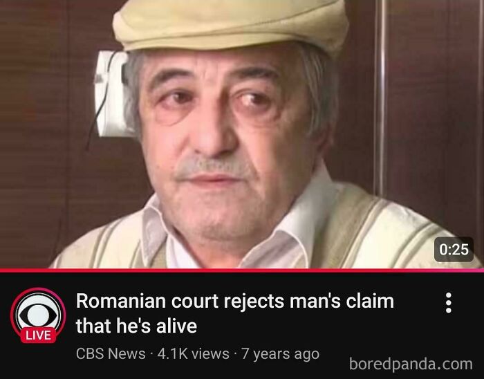 Screenshot of a news report about a Romanian court rejecting a man's claim that he is alive, an unpredictable sentence.