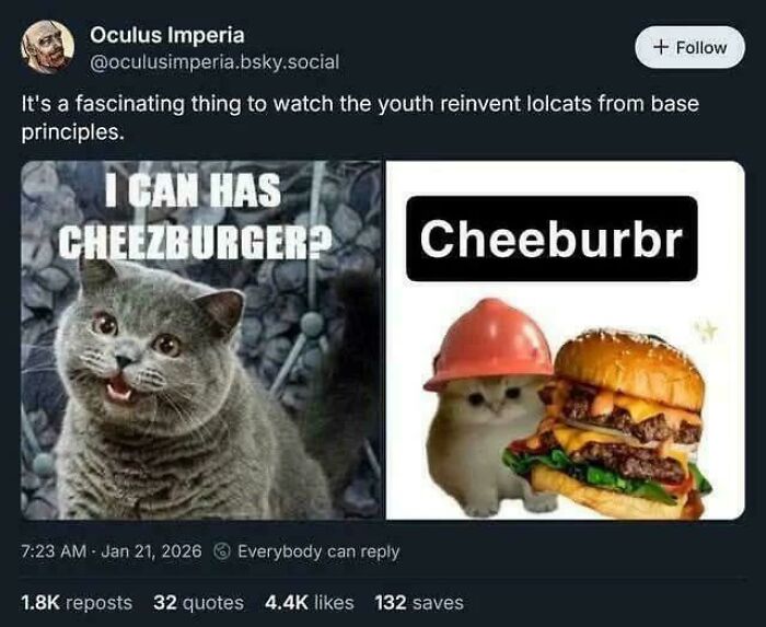 A tweet comparing 'I CAN HAS CHEEZBURGER?' meme with a cute cat next to a burger, showcasing Funny and Unpredictable Sentences.