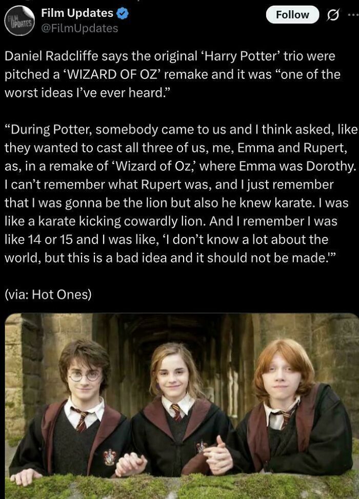 Daniel Radcliffe, Emma Watson, and Rupert Grint in Funny and Unpredictable Sentences; a tweet about Wizard of Oz remake idea.