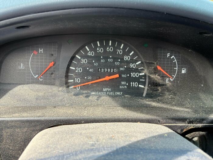 A dusty car dashboard with a speedometer showing 433,820 miles. An example of a Buy It For Life purchase.