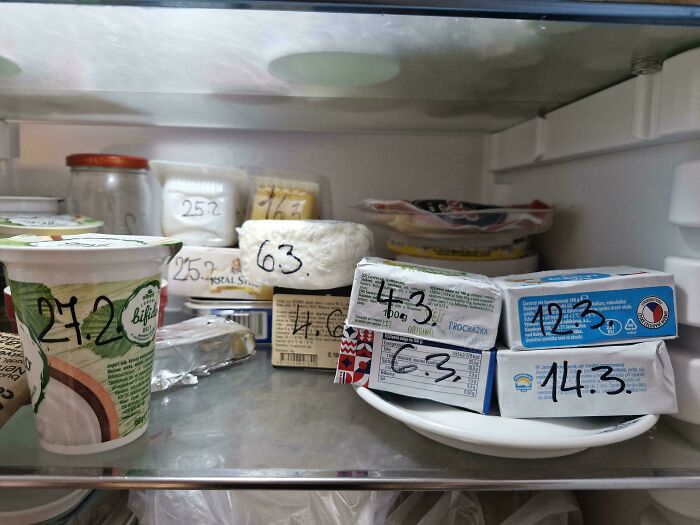 A fridge full of items labeled with dates, one of many mildly interesting pictures.