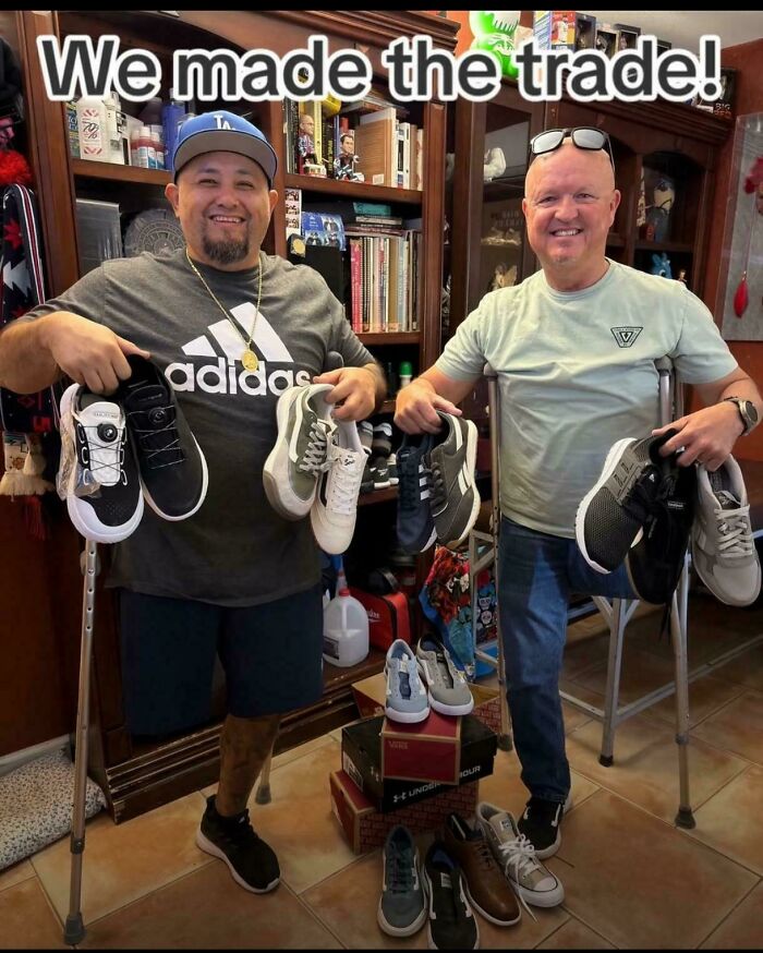 Two men, one with an amputated leg and crutches, holding up shoes after a trade. Fascinating pics and quick facts.