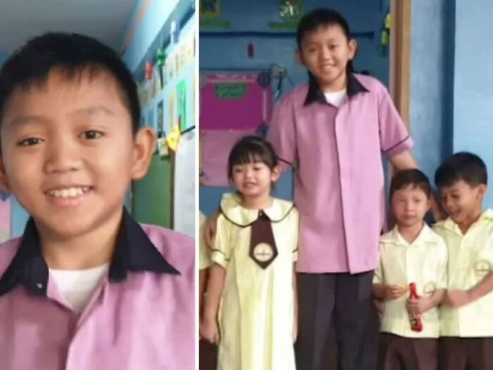 A split image showing a boy smiling on the left and then with three younger children on the right, a fascinating pic and quick fact.