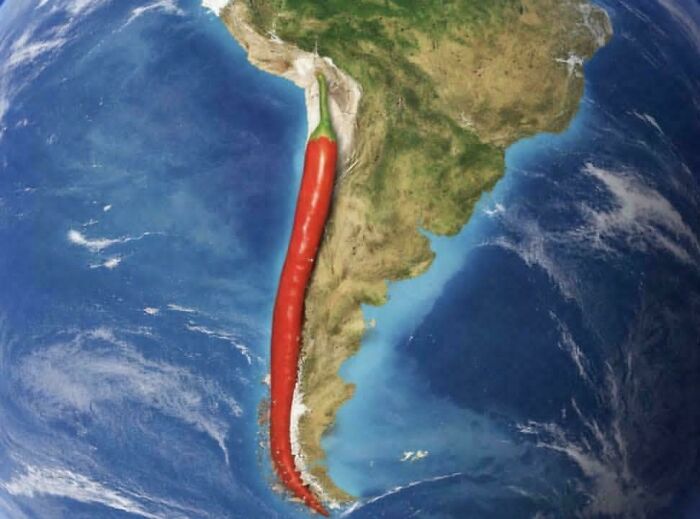 Fascinating pics of Chile shaped like a chili pepper on a globe, providing a quick brain boost.