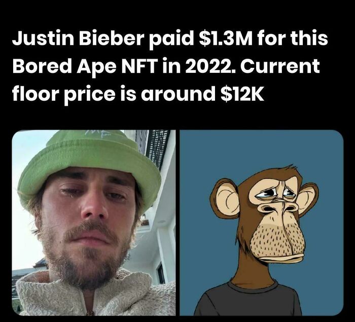 Justin Bieber paid $1.3M for a Bored Ape NFT, now worth $12K. A fascinating pic for a quick brain boost.