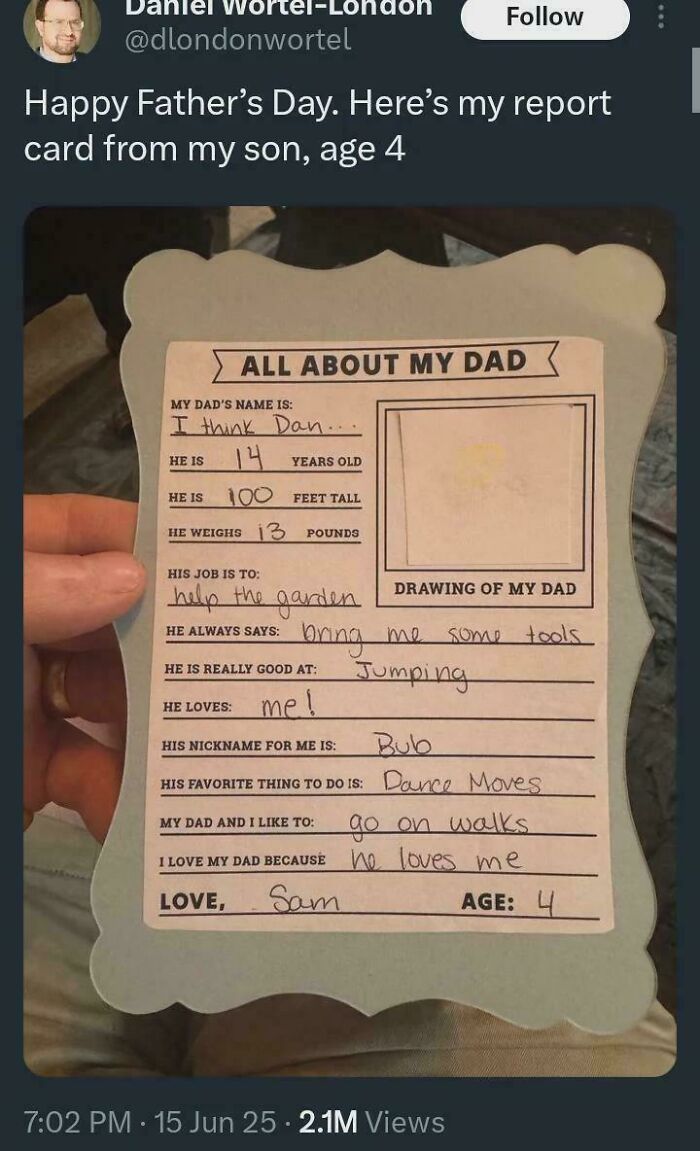 A childs funny report card about their dad with humorous online lies and knee-slapping pictures.