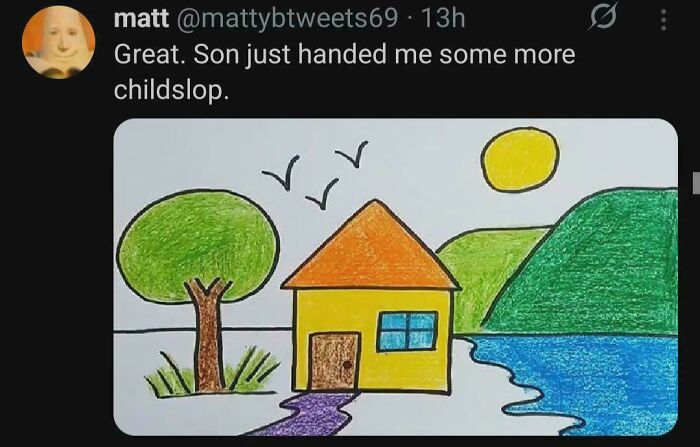 A crayon drawing of a house, tree, sun, birds, and water, shared as an example of online lies.