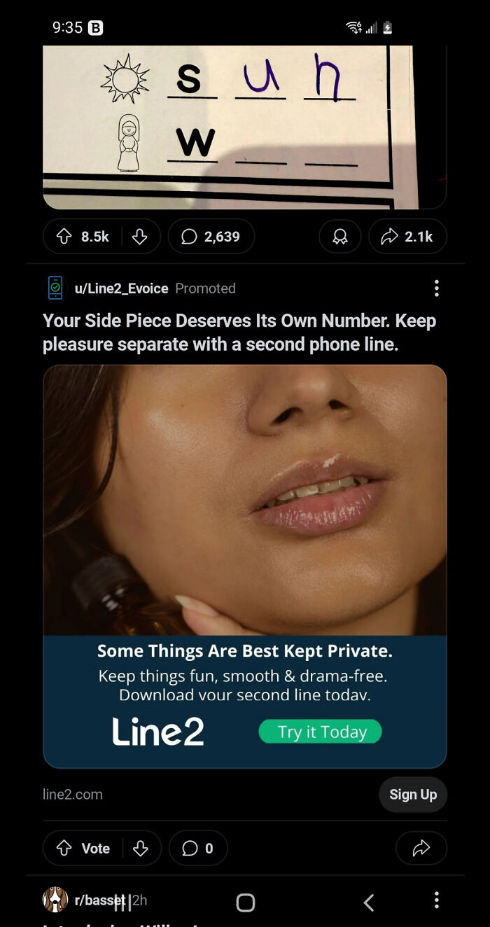 Advertisement for Line2 second phone line with close-up of woman