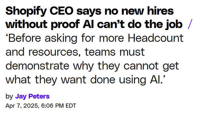 Screenshot of Shopify CEO statement about AI and new hires