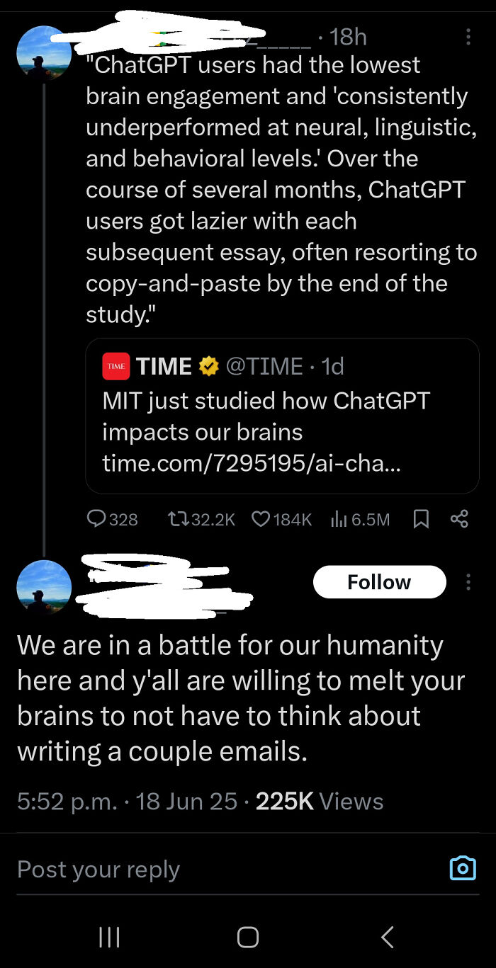 Tweet discussing ChatGPT study on brain engagement and user behavior