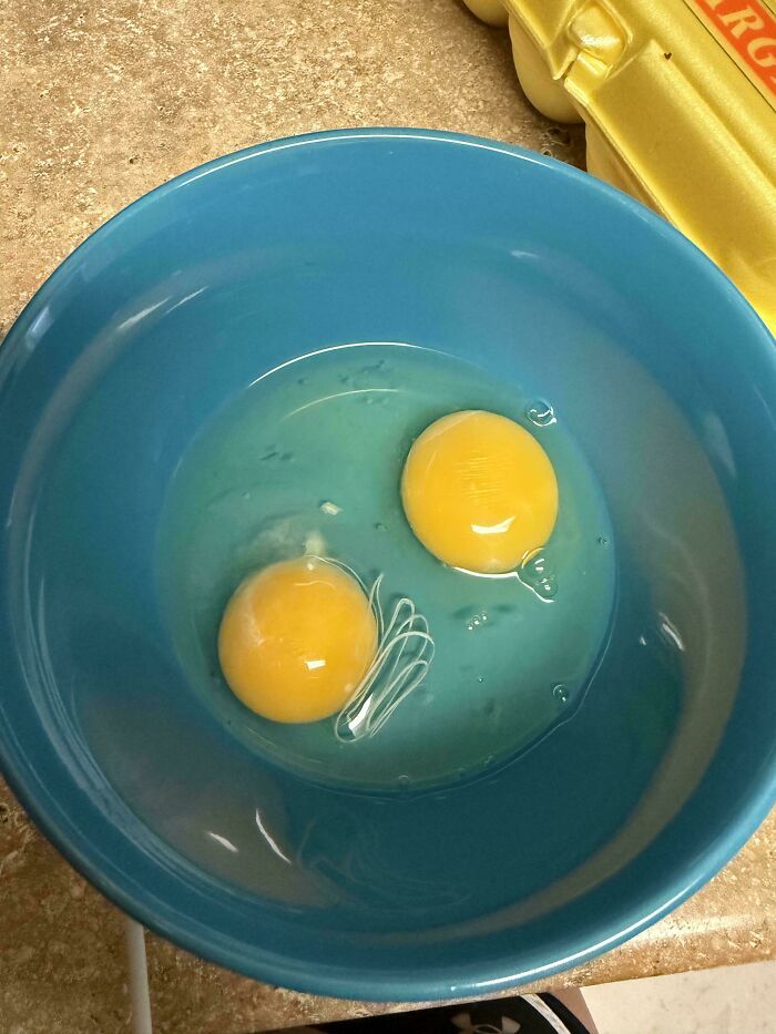 Two egg yolks in a blue bowl showing a strange pic that people just had to take in confusion.