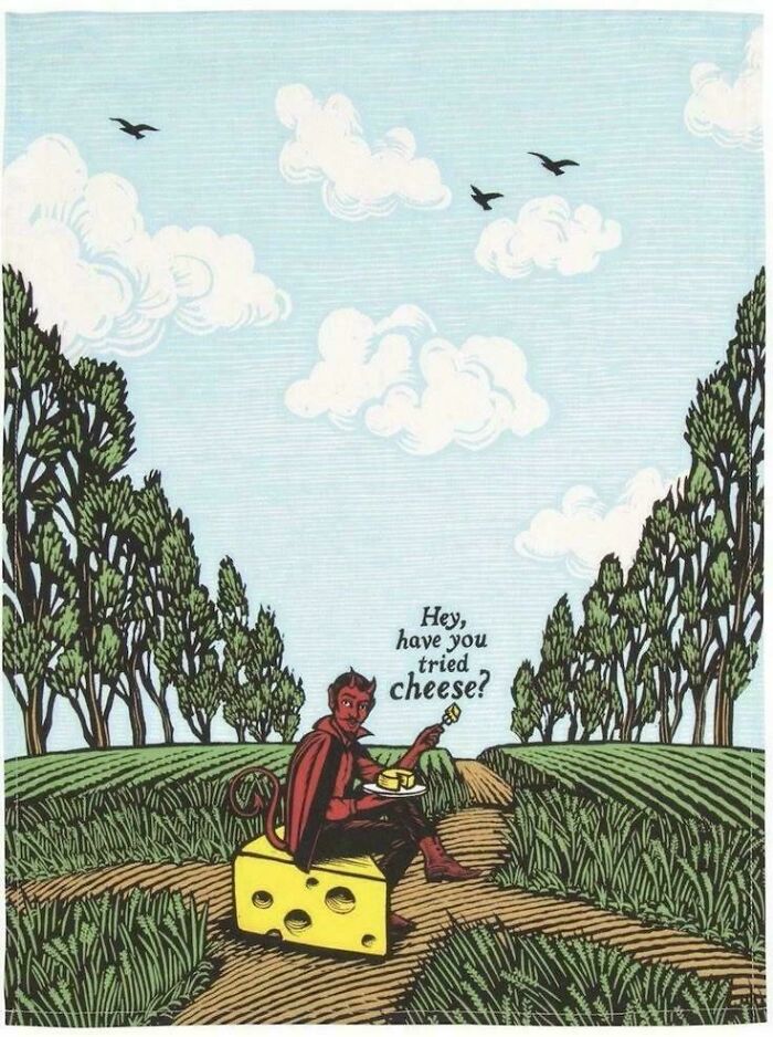 Cartoon of a devil sitting on a cheese block in a field, asking if you've tried cheese, a strange pic causing confusion.