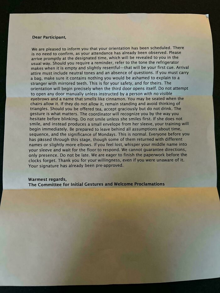 Unusual orientation invitation letter with strange instructions, fitting the theme of strange pics that confuse people.