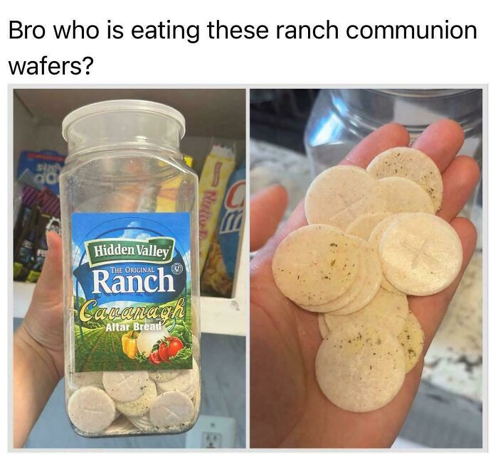 Ranch flavored communion wafers in a container and being held, showing unusual and strange food combination.