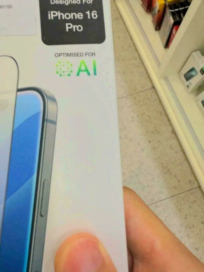 Packaging claiming iPhone 16 Pro is optimised for AI, a strange picture highlighting consumer confusion in tech marketing.