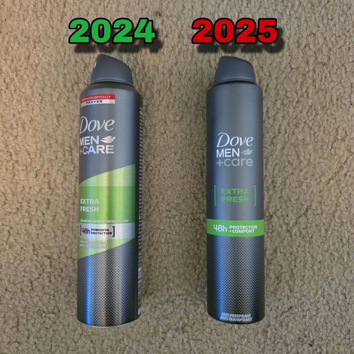 Two Dove Men+Care deodorant cans from 2024 and 2025 showing obvious shrinkflation packaging changes.