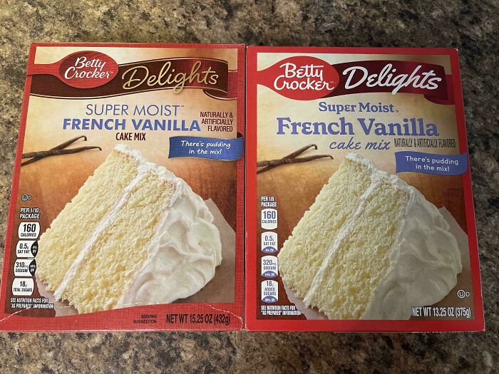 Two Betty Crocker French Vanilla cake mix boxes side by side showing shrinkflation differences in package size.